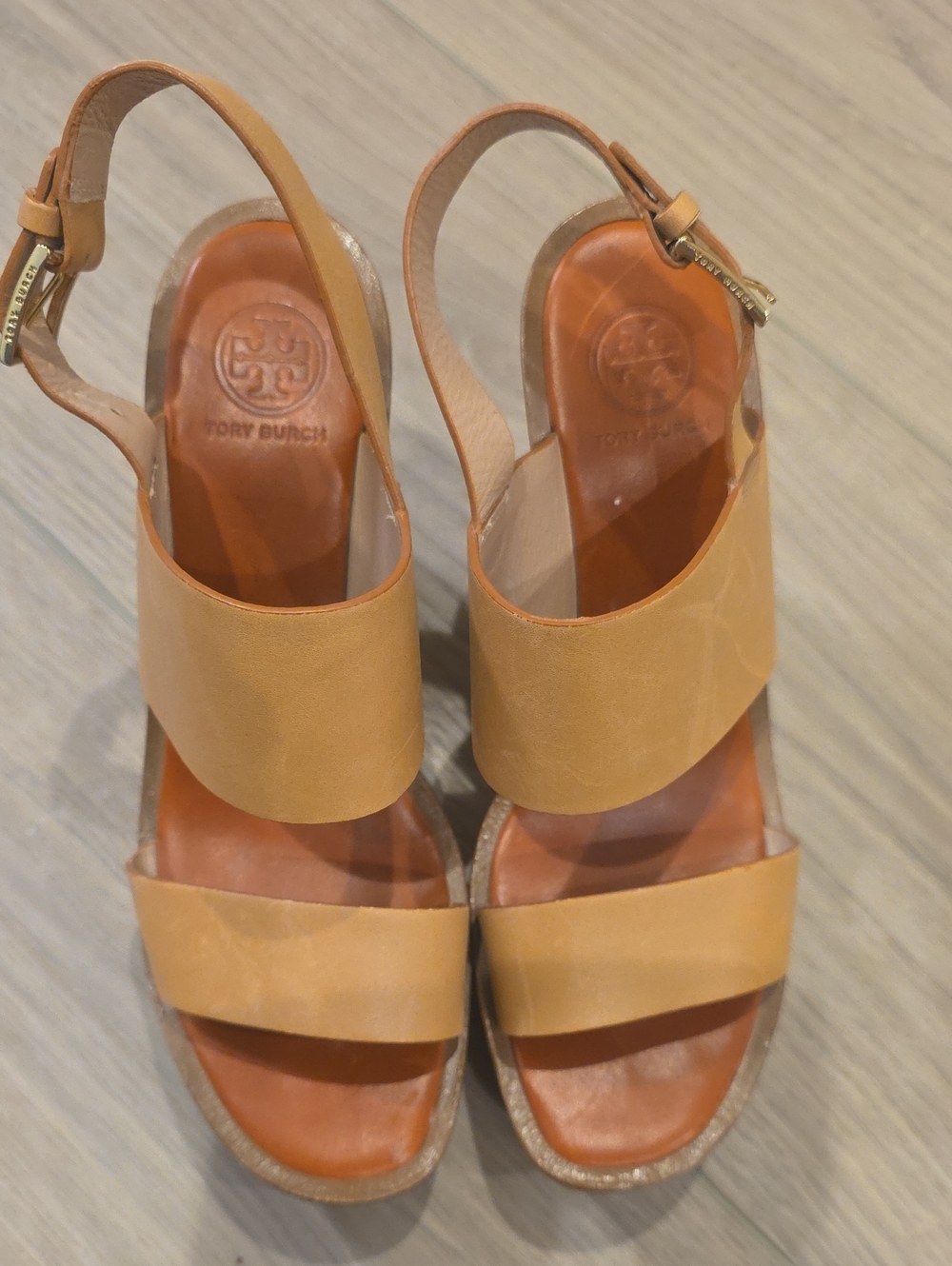 Tory Burch Tan Leather Wedge Slingback Sandals